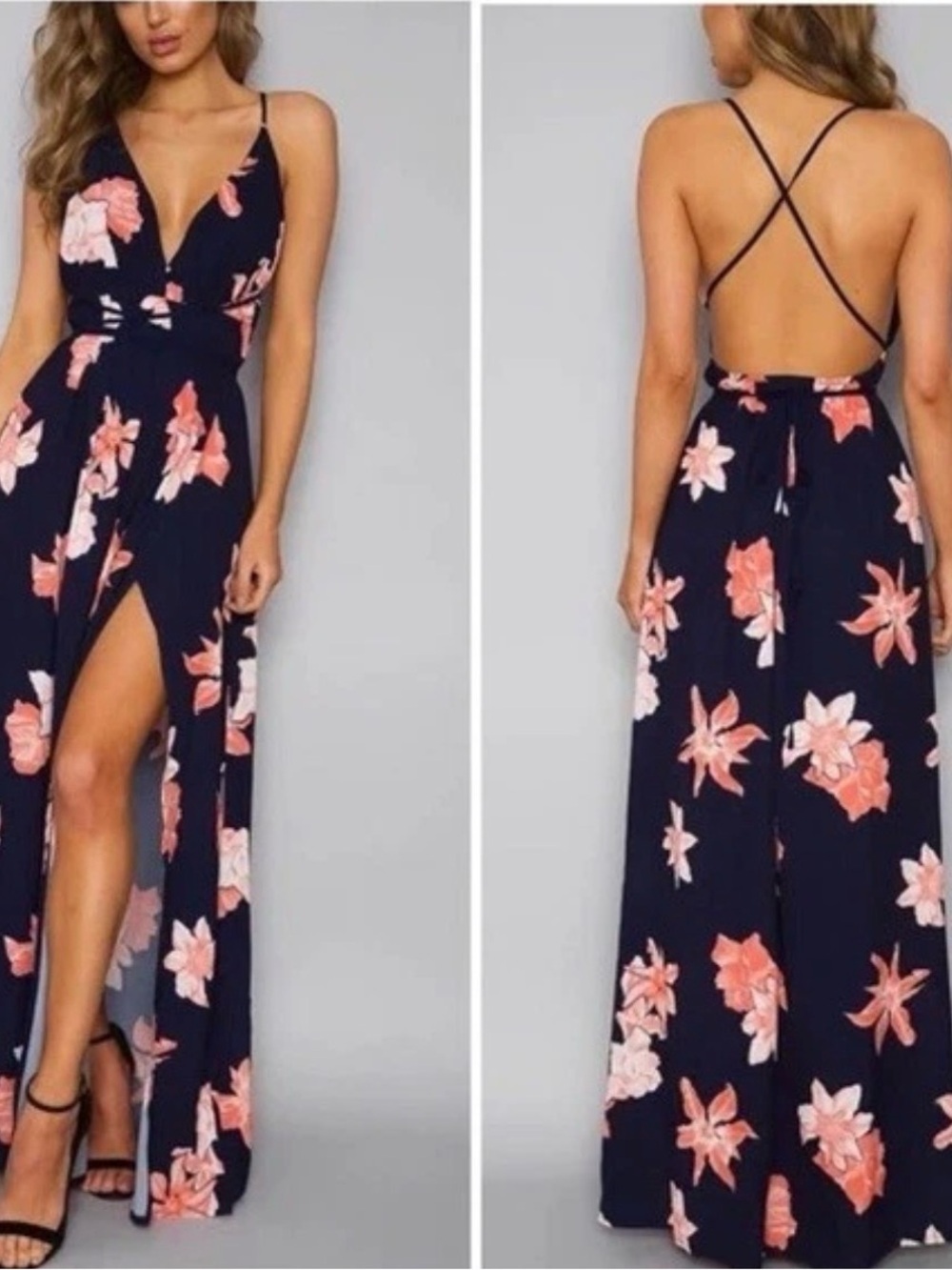Simplee Plus Navy Floral Maxi Dress with Orange Blooms and Crisscross Back 2XL